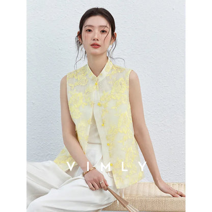 VIMLY Women's Vest 2026 Summer Casual Yellow Floral Embroidery Stand Collar New Chinese Style Sleeveless Jacket Ladies A5251