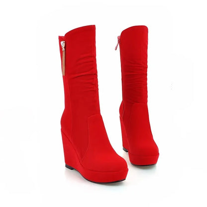 2026 Fashion Women Mid Calf Boots Round Toe Wedges 11cm Platform 3cm Decoration 42 43 Sexy Female Bota