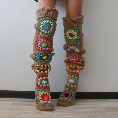 2025 New Womens Autumn Winter Thigh Socks Extra Long Ethnic Crochet Knit Stockings Over Knee Socks Hot Sale
