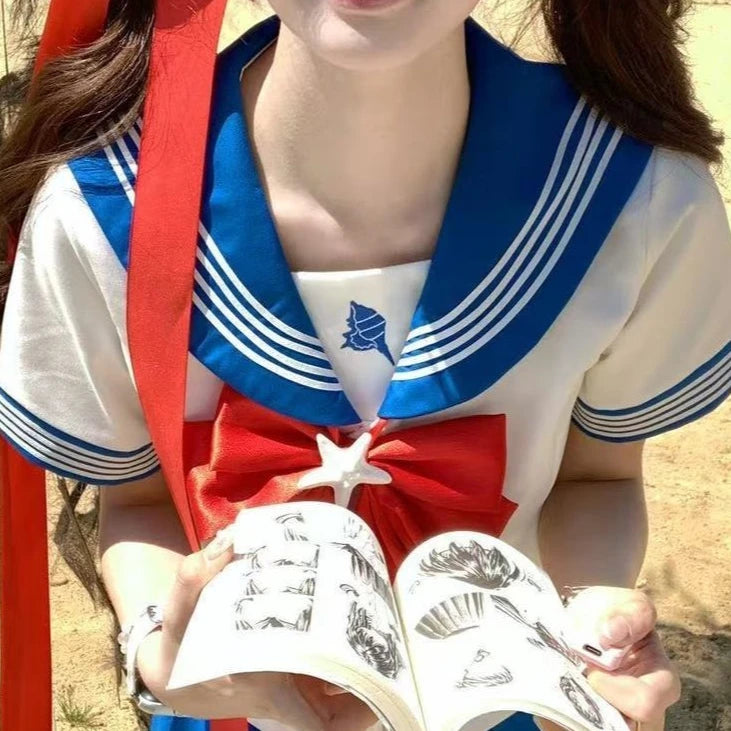 Summer and Autumn Sailor Suit Japanese Style Schoolgirl Blue Short-Sleeved Set Cos Female Students