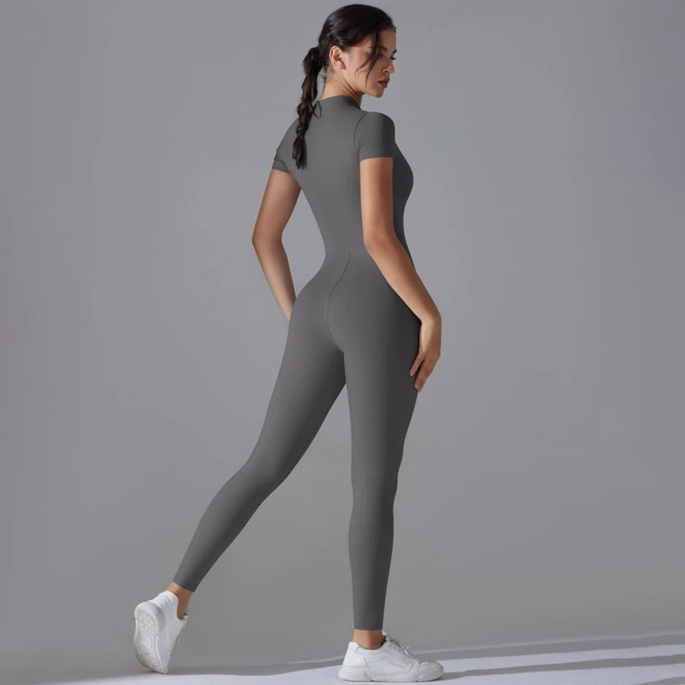 Womens Jumpsuits Short Sleeve Yoga Slim Fit Stretch One Piece Romper Sexy Fitness Female Basic Sportwears Black Zipper Ladies