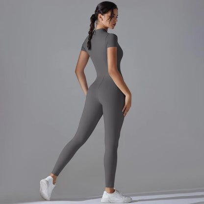 Womens Jumpsuits Short Sleeve Yoga Slim Fit Stretch One Piece Romper Sexy Fitness Female Basic Sportwears Black Zipper Ladies