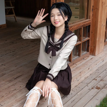 JK School Uniform Set Sailor Suit with Pleated Skirt Milk Tea Color Jk Outfit