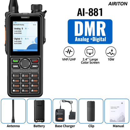 AIRITON AI-881 DMR Walkie Talkie IP67 Waterproof 10W High Power Dual Time Slot Large Color Screen New AR-880 VOX Two Way Radio