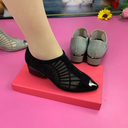 Women's Pointed Toe Sandals Luxury Breathable Mesh Bowknot Rhinestone Clear Elegant Mid-Heeled Simple Pump Shoes Mesh Sandals