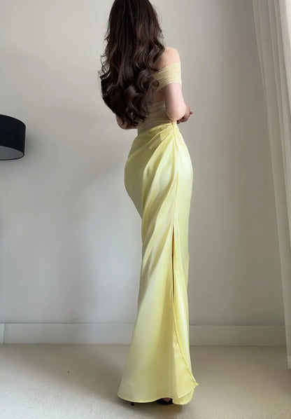 MsChuh Summer Party Dresses For Woman One-shoulder Long Evening Dress Sexy Holiday French Vestidos Solid Color Temperament Slim