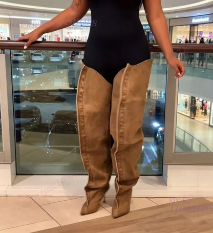 Wide Leg Loose Fitting Brown Suede Boots Women Long Pleated  Stiletto Heels Pointed Toe Summer Denim Khaki Party Cool Girl Shoes
