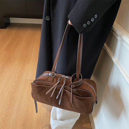2026 Autumn Winter Latest Commute Shoulder Bags For Women PU Suede Pure Color Large Capacity Boston Bag Luxury Designer Handbags