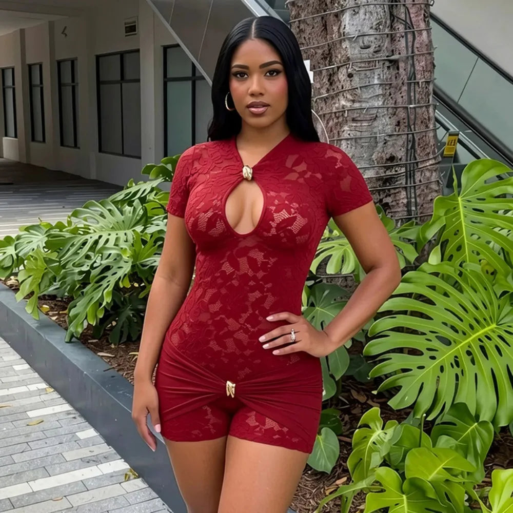 FLARORA Sexy Lace See Through Rompers Woman Hollow Metal Buckle V Neck Short Sleeve Ruched Patchwork Skinny Peach Hip Playsuits