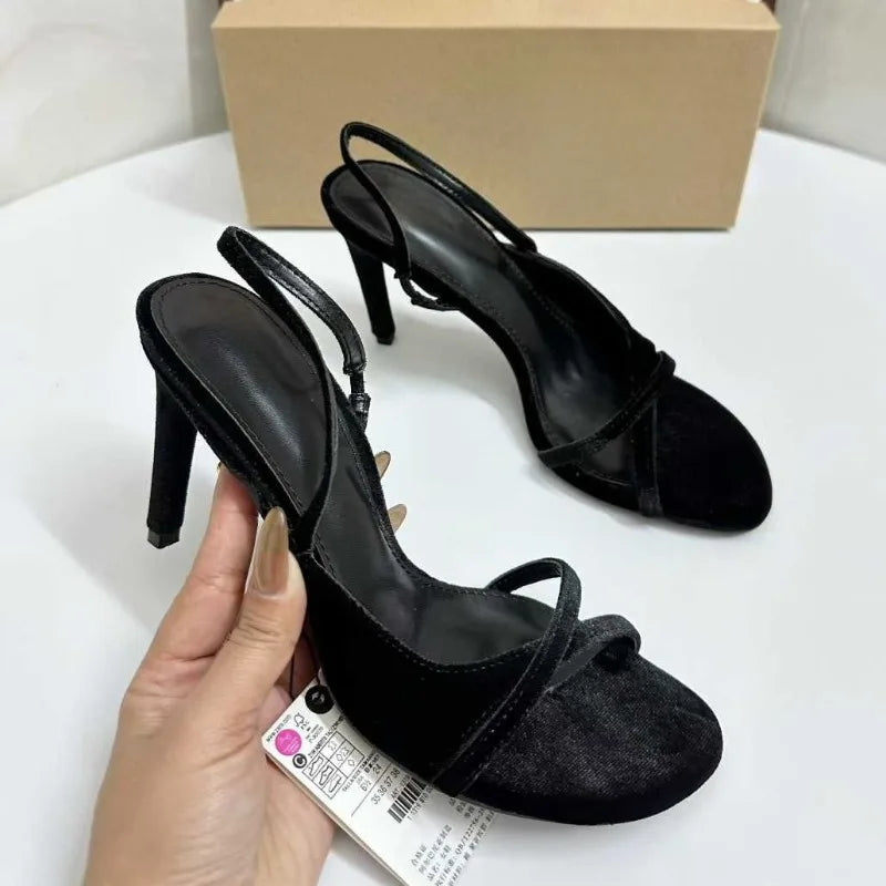 Elegant Velvet High Heels Sandals for Women Cross Strap Design Luxury Open Toe Banquet Wedding Slingback Brand Ladies Shoes