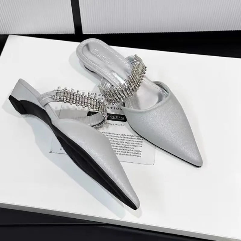 Luxury Crystal Women Slippers Pointed Toe Mules Shoes Elegant Heeled Sandals New Party Slingabck Flip Flops Elegant Mujer Shoes