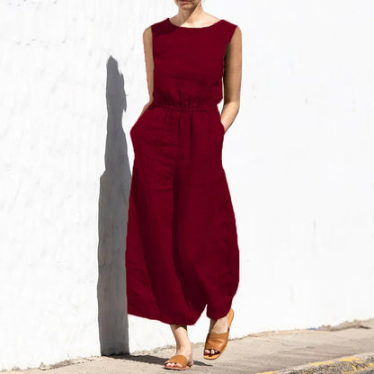 Jumpsuits Women New Summer Solid Color high-waisted Sleeveless Elastic Waist Casual Loose Temperament Rompers Clothing JYFS6542