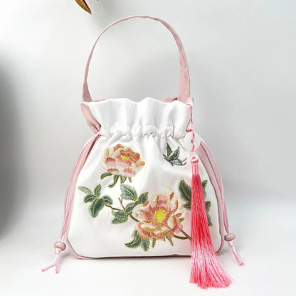 Chinese Style Retro Flower Embroidery Crossbody Top-handle Bags Women Shoulder Lace Drawstring Bucket Bag Coin Purses Handbags