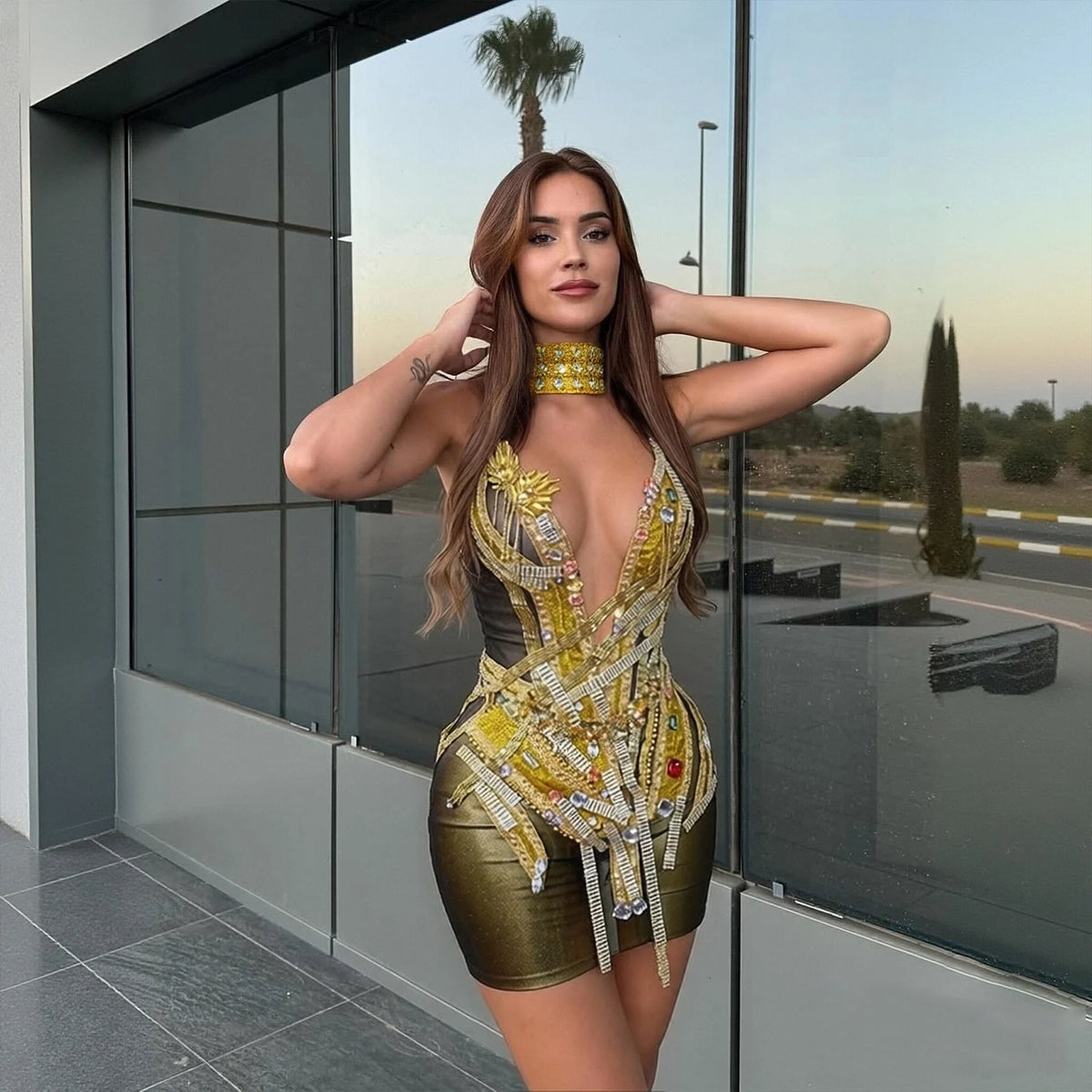 Shimmering Gold Chain Skirt Mesh Perspective Dress Women Evening Party Celebrate Prom Show Singer Dancer Nightclub Stage Costume