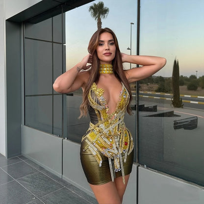 Shimmering Gold Chain Skirt Mesh Perspective Dress Women Evening Party Celebrate Prom Show Singer Dancer Nightclub Stage Costume