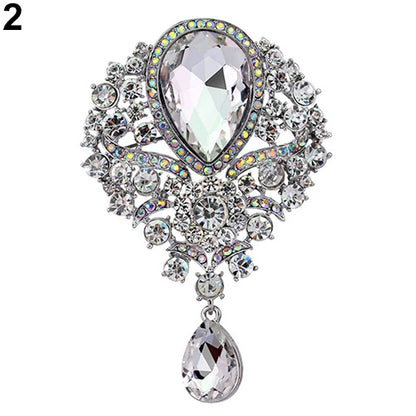 Hot Women Men  Brooch Wedding Bridal Bouquet Clear Crystal Rhinestone Teardrop Dangle Brooch Pin