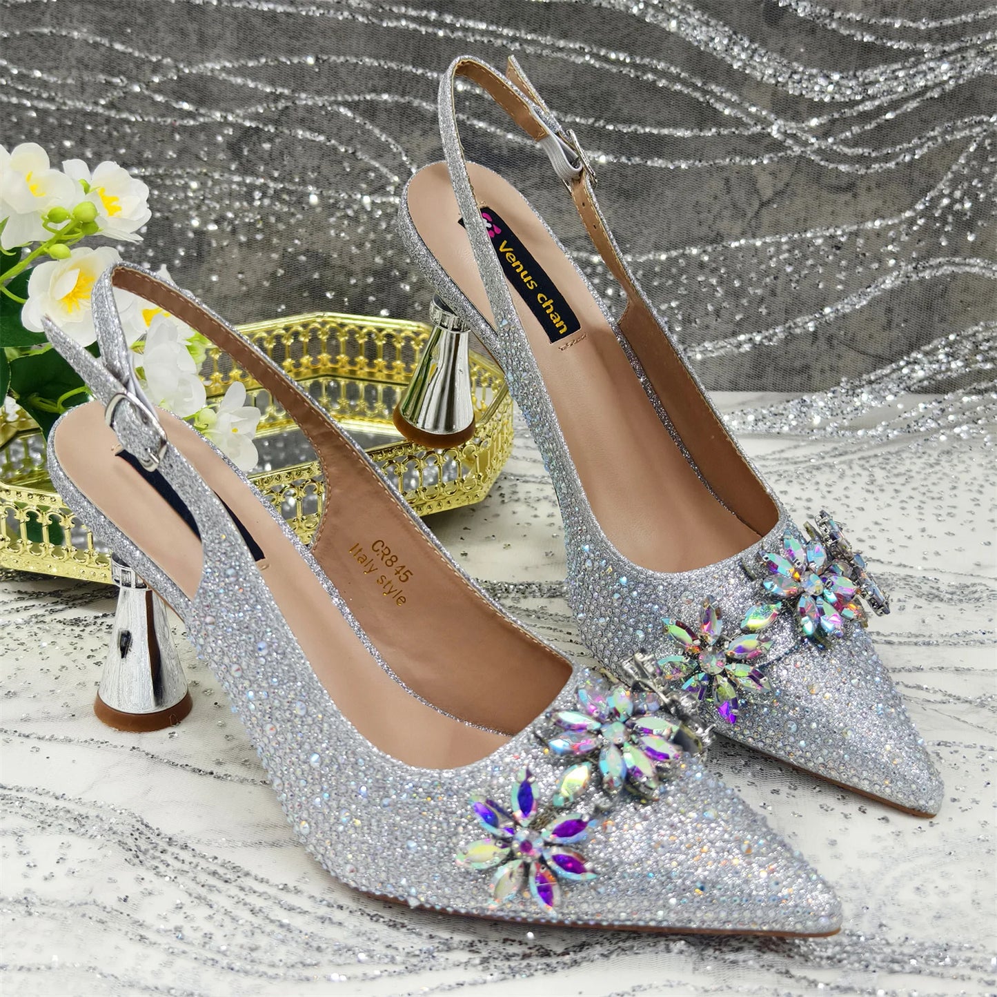 Venus Chan Olive-Green Pointed-Toe Women's High Heels Shoes and Bags for Party Rhinestone Evening Elegant Luxury Handbag