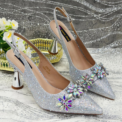 Venus Chan Olive-Green Pointed-Toe Women's High Heels Shoes and Bags for Party Rhinestone Evening Elegant Luxury Handbag