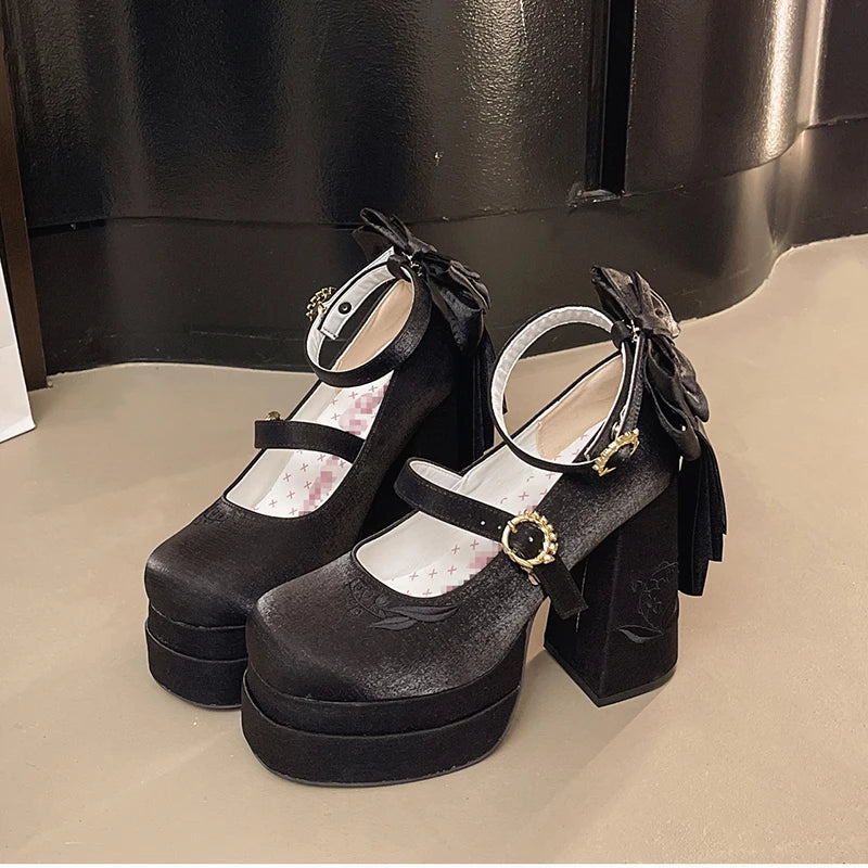 Summer Platform High Heel Women Lolita Mary Jane Shoes Fashion Butterfly-knot Stripper Party Dress Pumps Shoes