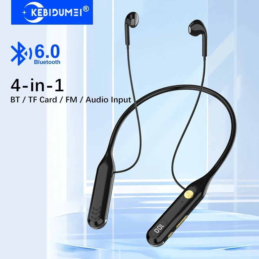 KEBIDUMEI 4-in-1 Neckband Bluetooth 6.0 Earphones ENC Noise Reduction Wireless Headsets Wired Mode TF Card FM Radio Headphones