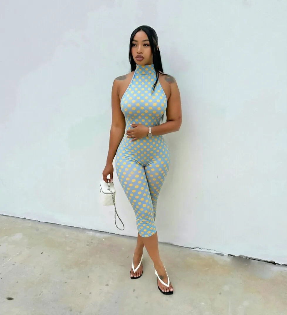 European and American New Style Women's Clothing Spring and Summer Polka Dot Print Elastic Halter Neck Backless Slim Fit Jumpsuit Women's Jumpsuit