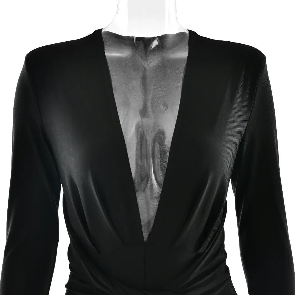 2025 Spring Deep V Neck Long Sleeve Skinny Jumpsuits Women Rompers Elegant Black High Waist Ruched Slim Sexy Jumpsuit Outfits