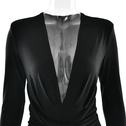 2025 Spring Deep V Neck Long Sleeve Skinny Jumpsuits Women Rompers Elegant Black High Waist Ruched Slim Sexy Jumpsuit Outfits