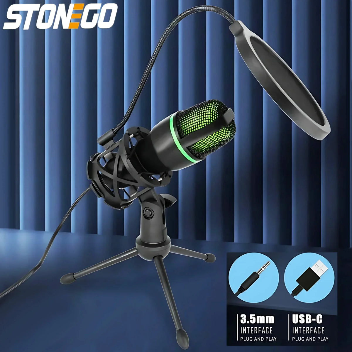 RGB Condenser Microphone Kit with Tripod Stand Professional USB Mic for Gaming Streaming YouTube Podcasts Video Recording Studio Equipment for PC Laptop Mute Button Voice Changer Adjustable RGB Lighting Plug and Play Cardioid