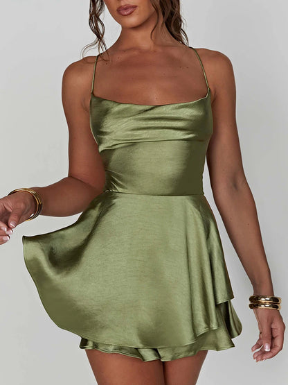Women Sleeveless Satin Playsuits Fashion Summer Short Sling Backless Jumpsuits Cross Tie-Up Bandage Romper Streetwear Outfit
