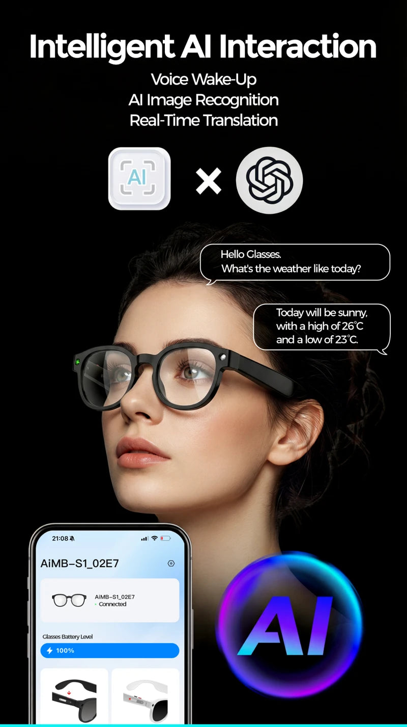 2026 4K HD Color Changing AI Smart Glasses Chat GPT 100MP Camera Bluetooth Call Voice Assistant Control Smart Glasses 2026 New