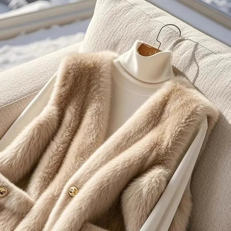 Women Faux Lamb's Wool Fur Vest New Autumn Winter Soft Warm Imitation Mink Sleeveless Fur Jacket Lady V-Neck Casual Waistcoat