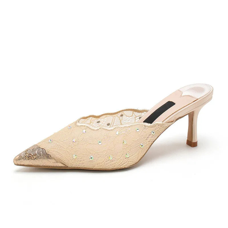 Luxury Rhinestones Mesh Lace Women Pumps Sandals Summer Elegant Pointed Toe 8cm Thin High Heels Mulse Sides  Fashion Party Shoes