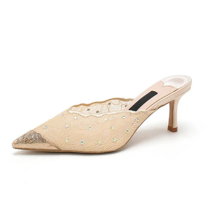 Luxury Rhinestones Mesh Lace Women Pumps Sandals Summer Elegant Pointed Toe 8cm Thin High Heels Mulse Sides  Fashion Party Shoes