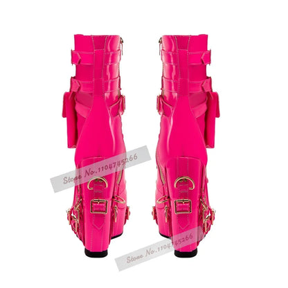Fuchsia Patent Leather Wedged Lace-Up Ankle Boots Green Buckle Straps Metal Decor Booties Hgih Platform Pocket Nightclub Shoes