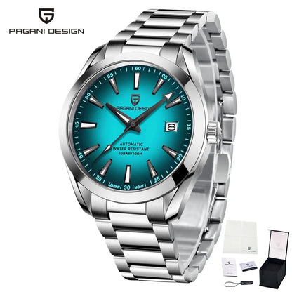 PAGANI DESIGN Men Automatic MechanicalWatch Stainless Steel Bracelet 100M Waterproof Luminous Date Business Dress Wristwatch+Box