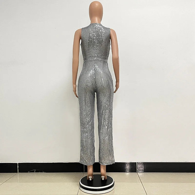 Bling Bling Sequined Club Jumpsuit Sexy Women O-neck Elegant Shiny Sliver Gold Sequins Straight Romper Overalls