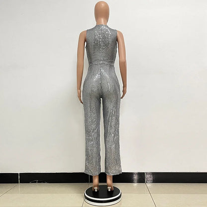 Bling Bling Sequined Club Jumpsuit Sexy Women O-neck Elegant Shiny Sliver Gold Sequins Straight Romper Overalls