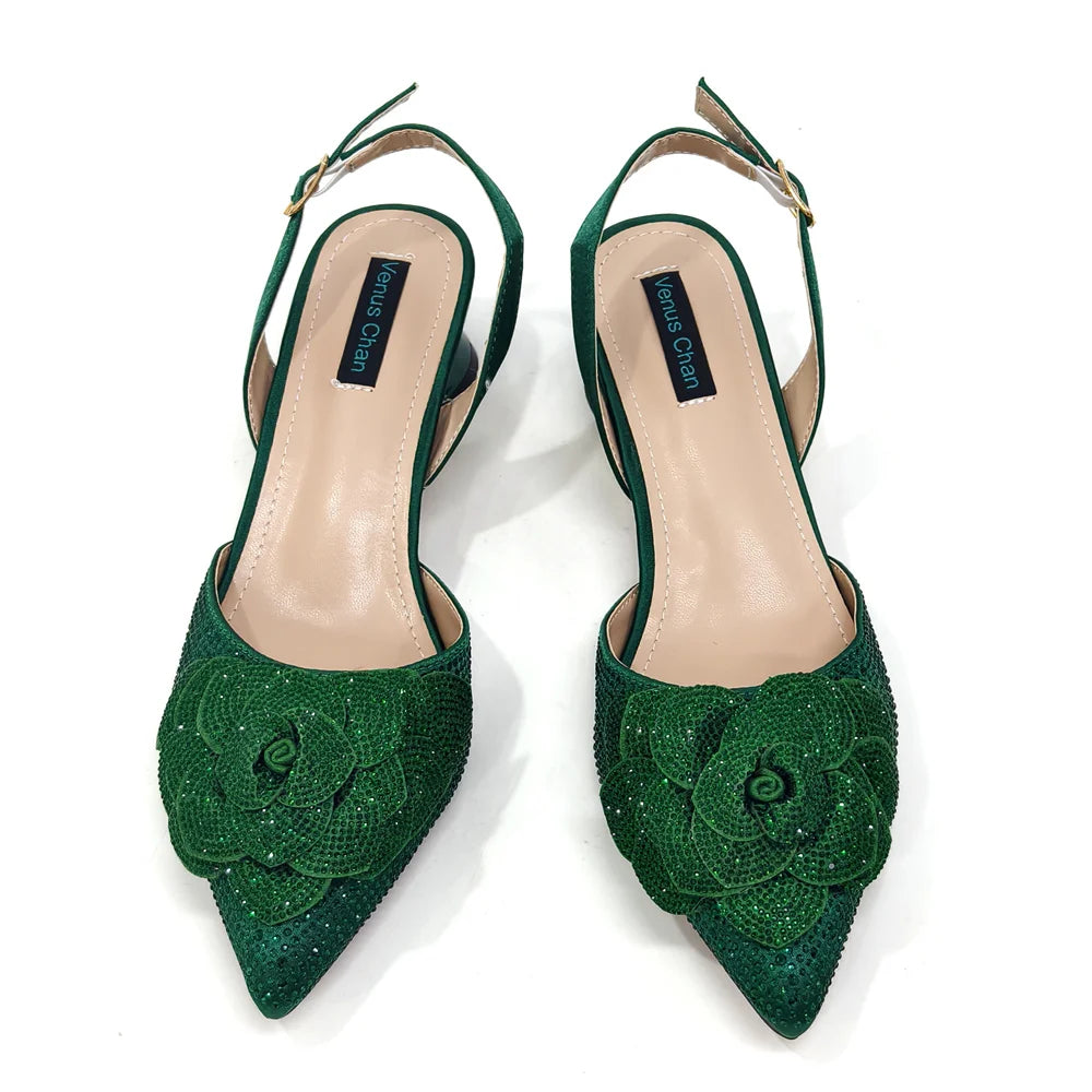 Italian Design Evening Shoes And Bags Paired With Handmade Petal Gold Colour Pointed Toe Mid-Heel Shoes For Women Party Shoes