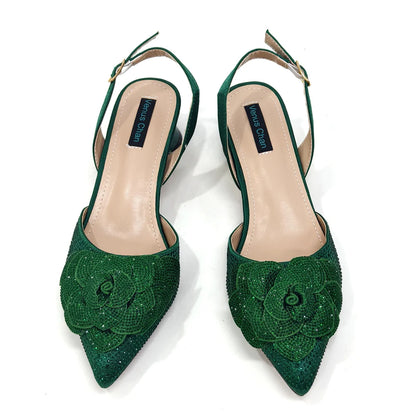 Italian Design Evening Shoes And Bags Paired With Handmade Petal Gold Colour Pointed Toe Mid-Heel Shoes For Women Party Shoes