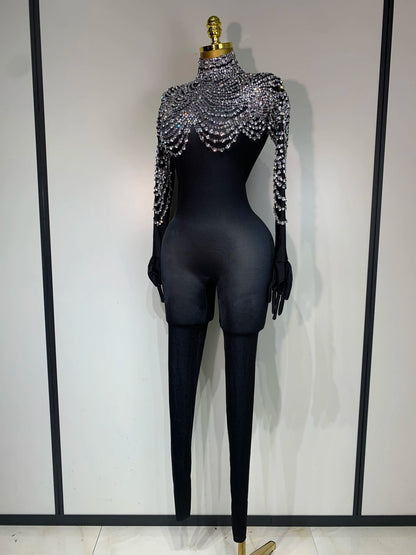 Stock Women Sexy Nightclub Evening Party Drag Queen Singer Dancer Stage Performance Costume Luxury Rhinestone Stretch Jumpsuit