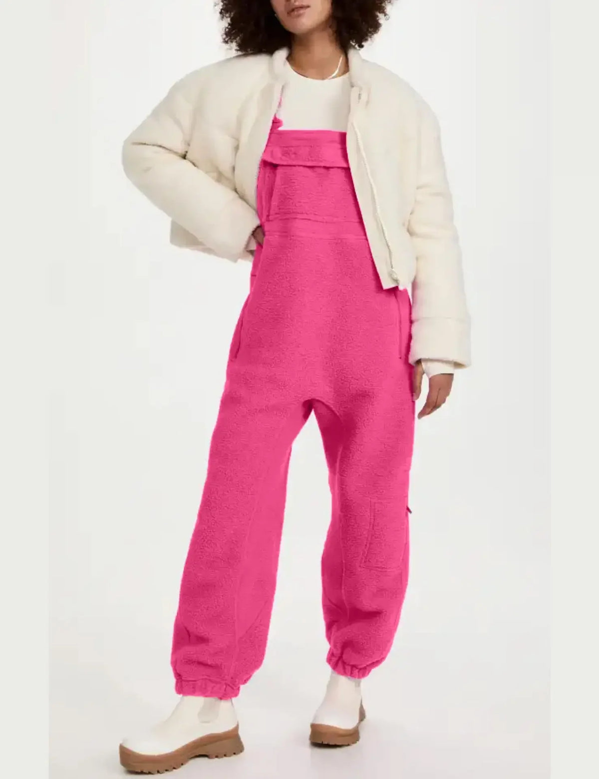 Women Fleece Warm Overalls Loose Casual Jumpsuits One-Piece Bibs Adjustable Suspender Straps Winter Fuzzy Soft Comfy Ski Pants