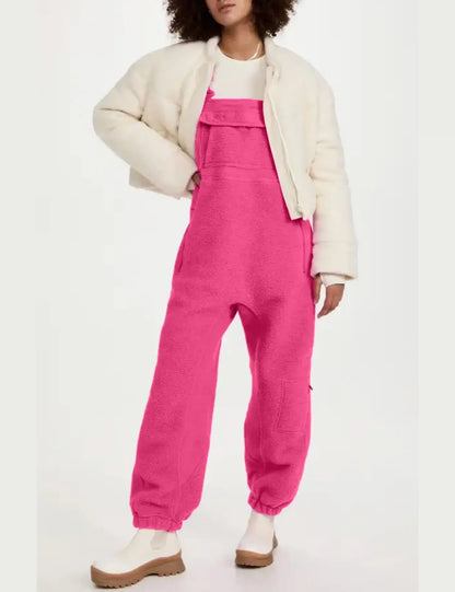 Women Fleece Warm Overalls Loose Casual Jumpsuits One-Piece Bibs Adjustable Suspender Straps Winter Fuzzy Soft Comfy Ski Pants