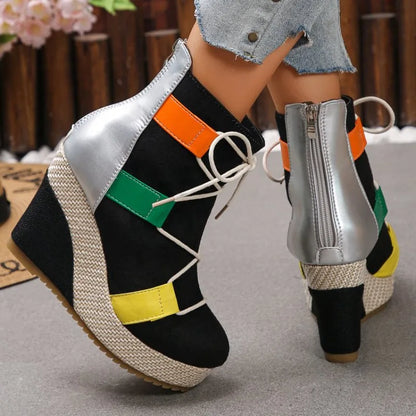 Women's Ankle Boots Wedge Heel Round Toe Platform Shoes Suede-Look Lace-Up Back Zipper Woven Trim Casual Street Style Footwear