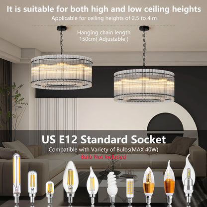 37" Modern Black Round Chandelier,2-Tier 8-Light Water Ripple Crystal Glass Chandeliers,for Dining Room,Living Room,Bedroom
