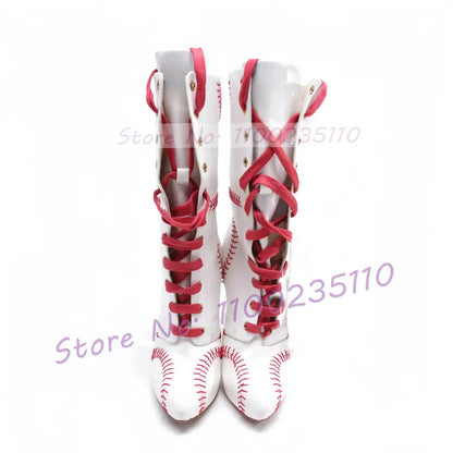 Baseball Sewing Design Stiletto Ankle Boots Women Round Toe Stylish White High Heel Boots Two Tone Splicing Cross Tied Shoes
