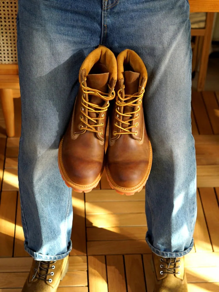 New Men Fashion Cow Suede Leather Round Toe Patchwork Comfortable Mid Heel Shoes Work Lace Up Male Handmade Wear Resistant Boots