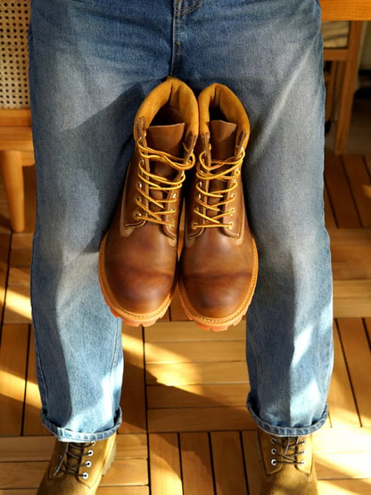 New Men Fashion Cow Suede Leather Round Toe Patchwork Comfortable Mid Heel Shoes Work Lace Up Male Handmade Wear Resistant Boots