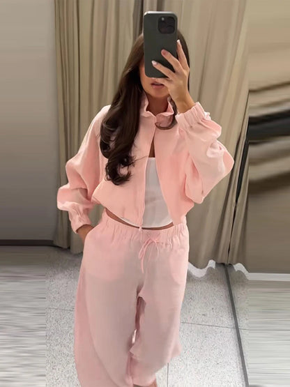 Stand Collar Thin Cropped Coats Pants Suits Women Street Lantern Long Sleeve Zipper Loose Tops Drawstring Wide Leg Trousers Sets