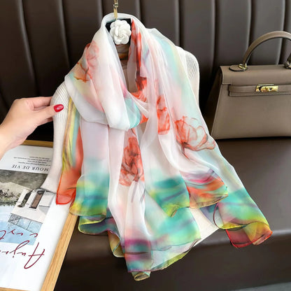 130*180cm Fashion Spring Summer Women Floral Printing Beach Silk Scarf Shawls Female Long Wraps Beach Sunscreen Hijab Lady