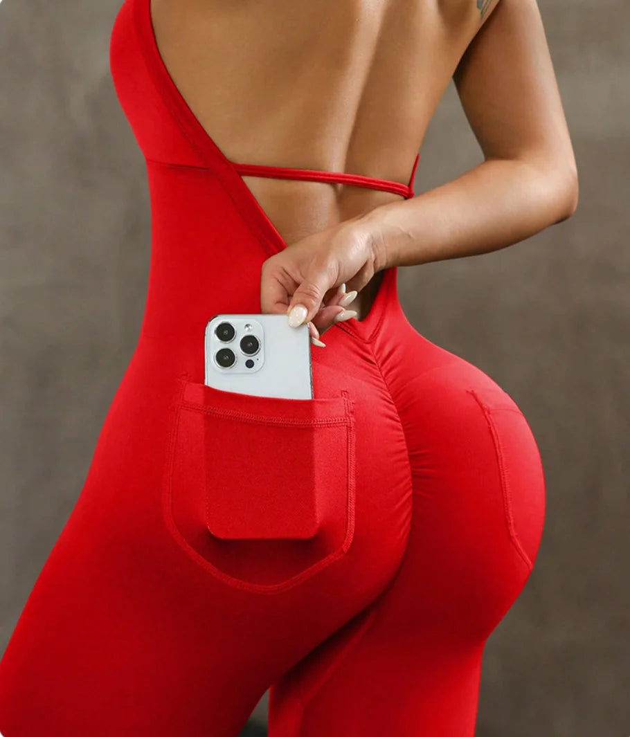 Women's Halter Neck Yoga Bodysuit with Pockets Sexy Backless Tight Tracksuit One Piece Overalls Gym Fitness Sports Jumpsuits